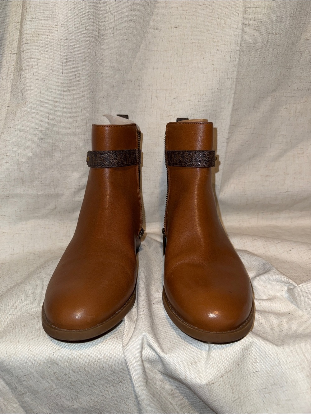 MICHAEL Michael Kors Cognac Leather Ankle Booties with Logo Strap